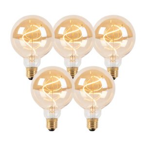 Sada 5ks E27 stmievateľných LED žiaroviek so špirálovým vláknom G95 goldline