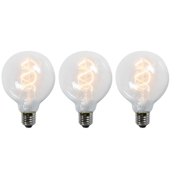 Sada 3 LED žiaroviek E27 s krúteným vláknom G95 priehľadné 5W 400lm 2200K