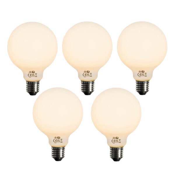 Sada 5 ks Stmievateľná LED žiarovka E27 opálové sklo G95 5W 450lm 2200K