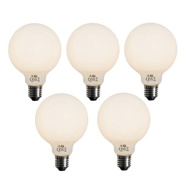Sada 5 stmievateľných LED žiaroviek E27 opálové G95 5W 450lm 3000K