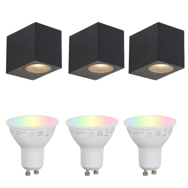 Set van 3 smart wandlampen zwart GU10 50mm IP44 - Baleno