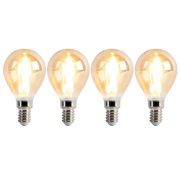 Sada 4 stmievateľných LED žiaroviek E14 P45 zlatá 3,5W 330lm 2100K