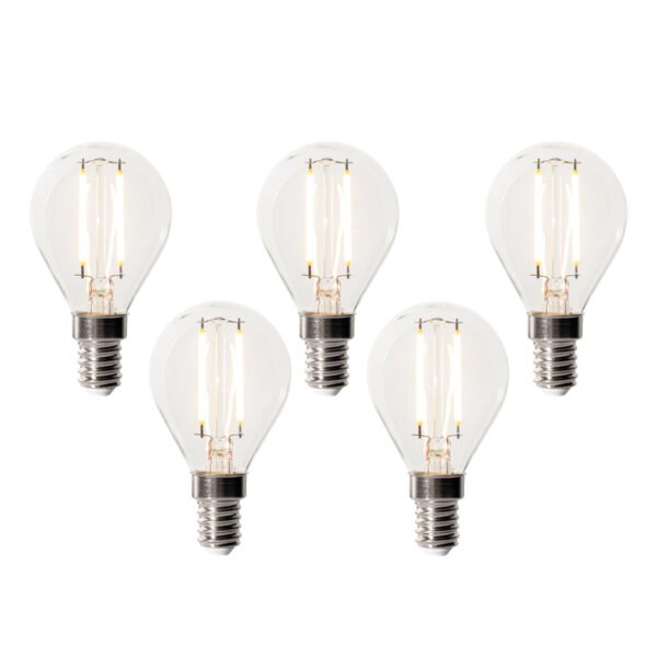 Sada 5 stmievateľných LED žiaroviek E14 P45 z číreho skla 3W 250 lm 2200K