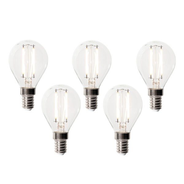 Sada 5 stmievateľných LED žiaroviek E14 P45 z číreho skla 3W 250 lm 3000K