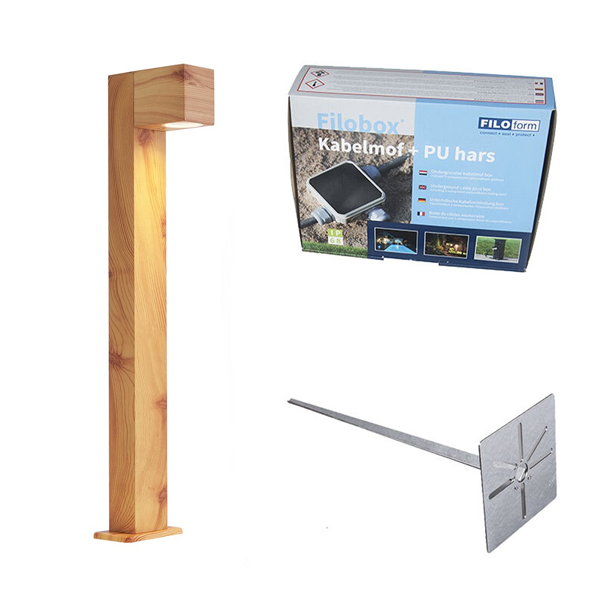 Vonkajšia lampa hliníková s potlačou dreva so zemným hrotom a káblovou priechodkou 65 cm IP44 - Baleno